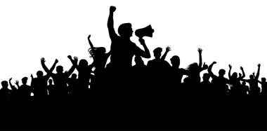 İnsanlar siluet vektör kalabalık. Hoparlör, hoparlör, hatip, sözcüsü. Bir neşeli insanlar kalabalık alkış. Sporseverler. Gösteri, protesto. Toplantı insanların