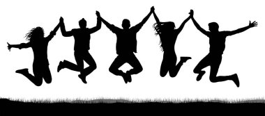Atlama, el ele tutuşarak arkadaşları neşeli kalabalık. İnsanlar atlama eğlenin. Siluet vektör. Genç Parti, eğlence, oyun. Happy, sevinç genç atlama