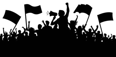 Bayraklar, pankartlar ile insan kalabalığı. Spor, mafya, fanlar. Gösteri, tezahürü, protesto, strike, devrim, hoparlör, boynuz. Model siluet vektör arka plan