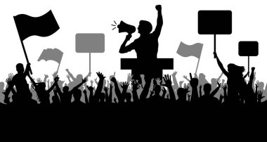 Bayraklar, pankartlar ile insan kalabalığı. Spor, mafya, fanlar. Gösteri, tezahürü, protesto, strike, devrim, hoparlör. Model siluet vektör arka plan