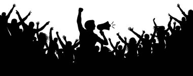 İnsan motivasyon aracı. İnsanlar siluet vektör kalabalık. Hoparlör, hoparlör, hatip, sözcüsü. Bir neşeli insanlar kalabalık alkış. Sporseverler. Gösteri, protesto. Neşeli insanlar kalabalık alkış