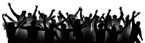 Cheerful people crowd applauding, silhouette. Party, applause. Fans dance concert, disco, concert, festival. Crowd of people dancing, hands up. Isolated vector