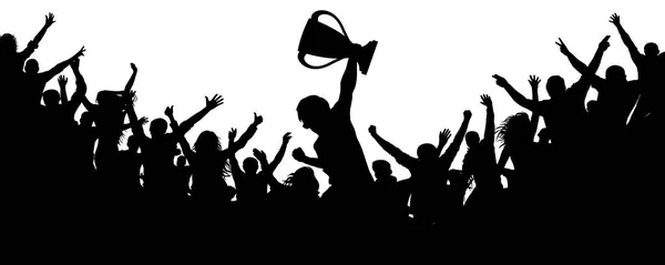 Sport victory cup. Cheering crowd fans silhouette. Crowd of people sport fans, vector. Cheers of applause