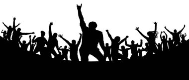 Parti, konser, dans, eğlenceli. İnsanlar siluet vektör kalabalık. Neşeli gençlik. Tezahürat kitleye. El alkış. Müzik Festivali. Rock konseri