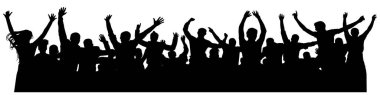 Kalabalık neşeli insanlar siluet. Neşeli çete. Mutlu grup dans müzik parti, konser, disko genç insan. Sporseverler, alkış, tezahürat. Beyaz arka plan üzerinde vektör. Dans kutluyor