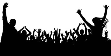 Kalabalık tezahürat insanlar siluet. Seyirci alkış, vektör. Konser, parti
