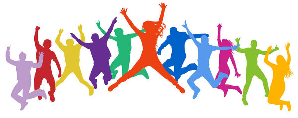 Cheerful crowd jumping people. Friends leap, bounce young teenagers, trampoline. Happy youth company. Multicolor vector silhouette