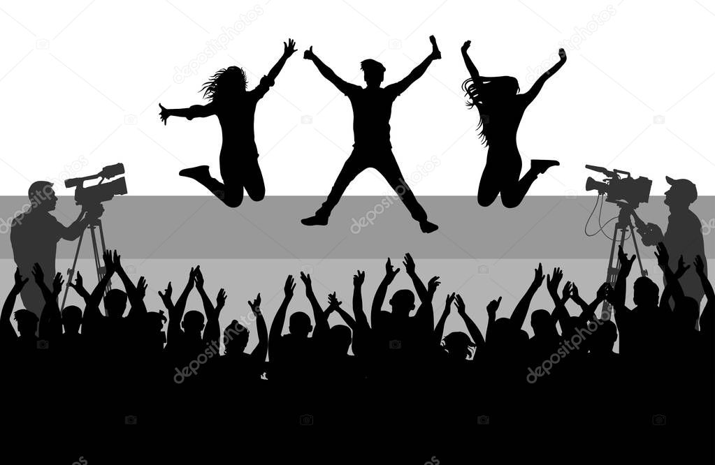 Singer with backup dancing on scene. Cheerful crowd of people. Silhouette, vector