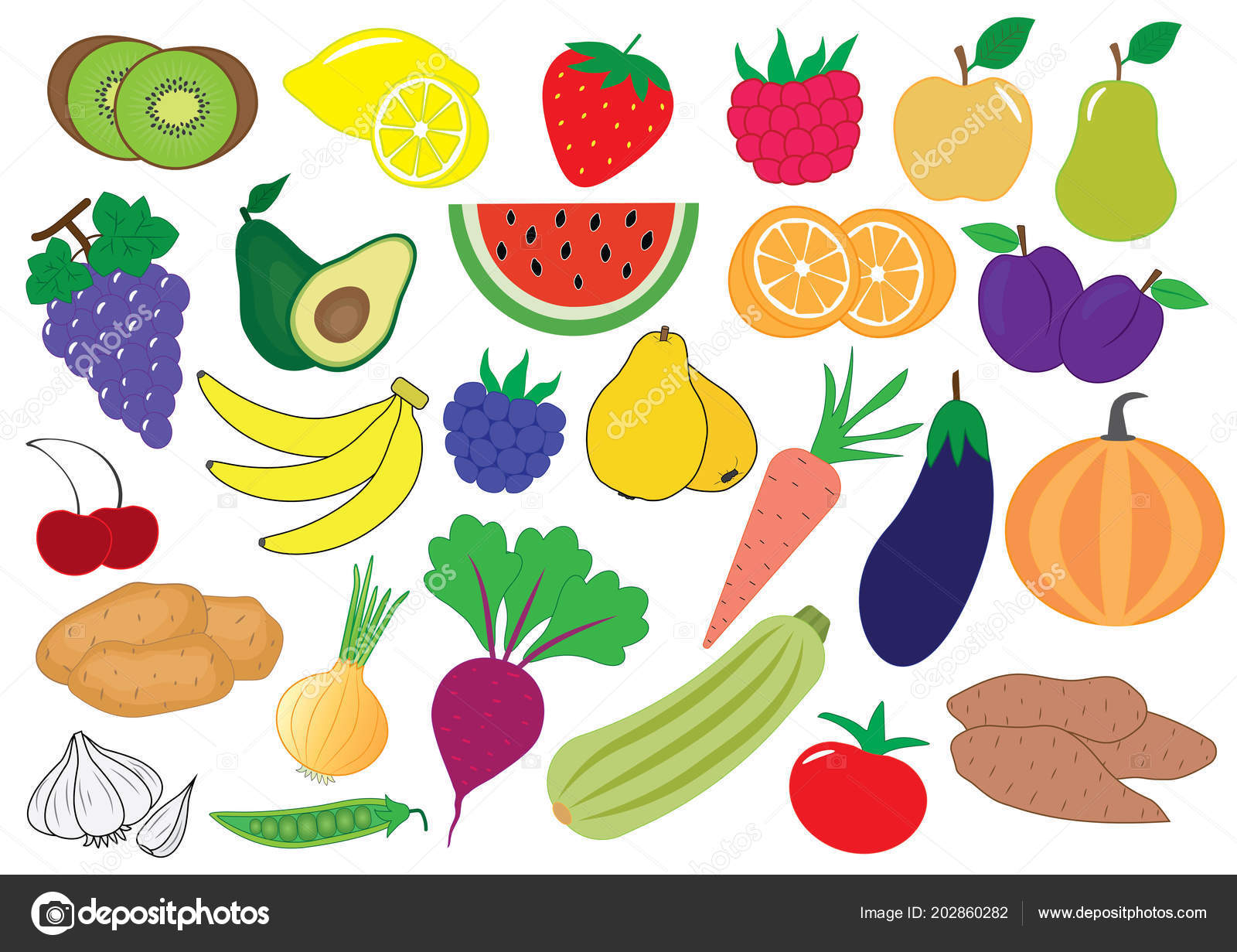 Fruits Berries Vegetables Cartoon Icon Set Vector Illustration