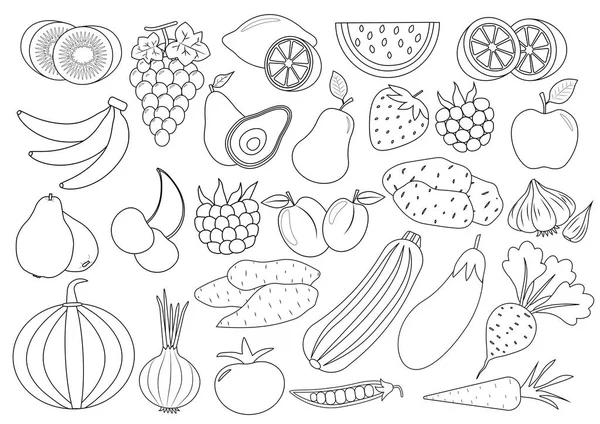 Libro Para Colorear Página Dibujos Animados Frutas Bayas Verduras Icono — Vector de stock