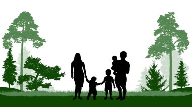 Geniş aile (adam, kadın ve üç çocuk) (orman) parkta yürüyor. Vektör