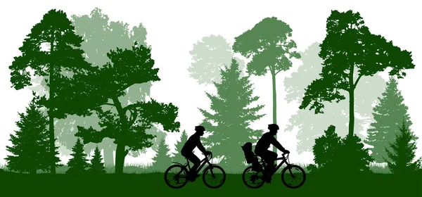 Family Man Woman Child Rides Bicycles Park Forest Silhouette Vector — Stock Vector