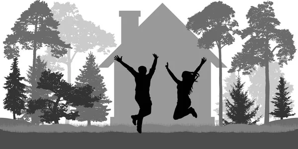 Young Couple Jumps House Trees Love Freedom Independence Vector — Stock Vector