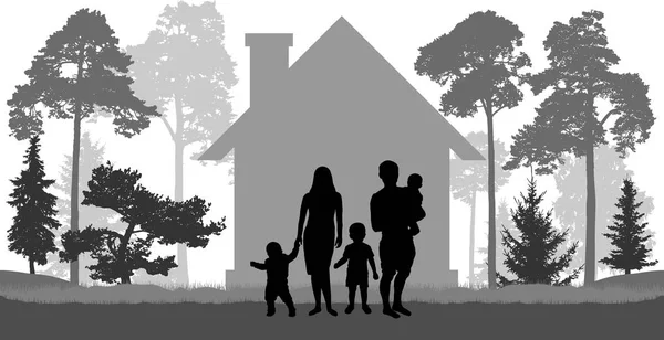 Amplia Familia Hombre Mujer Tres Hijos Está Cerca Casa Naturaleza — Vector de stock