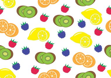 Meyve ve çilek (kivi, limon, portakal, böğürtlen, ahududu) arka plan, seamless modeli, vektör çizim.