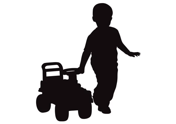Kleiner Junge Fährt Babyauto Silhouette — Stockvektor