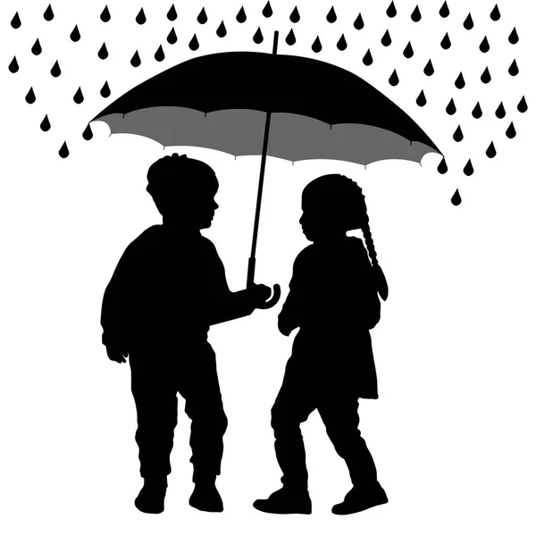 Children Umbrella Hiding Rain Silhouette Vector — Stock Vector