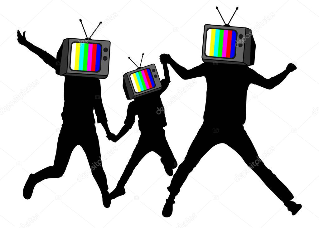Propaganda, fake news. People instead of head TV, silhouette. Disconnected brains. Man of Zombies. Information war