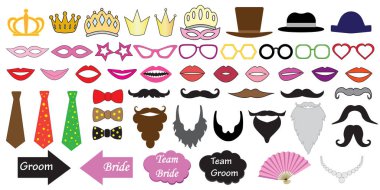 Photo booth düğün aksesuarlar. İllüstrasyonlar aksesuar şapka, Gözlük, maske, kron, dudaklar ve bıyıkları ve vb gibi.