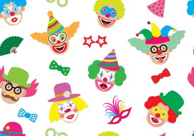 Seamless modeli. Palyaçolar ve aksesuarları (gözlük, maske, papyon), neşeli arka plan, vektör çizim yüzler.
