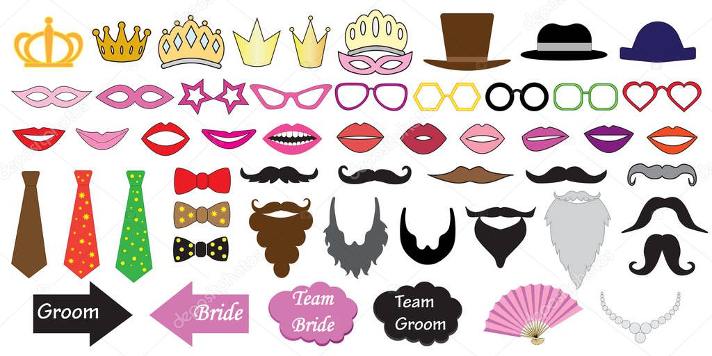 Photo booth props for weddings. Illustrations of accessories such as hats, glasses, masks, crowns, lips and moustaches and etc.