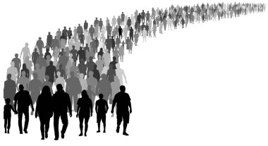 Crowd of people silhouette vector. Resettlement of refugees, emigrants. A lot of walking people clipart