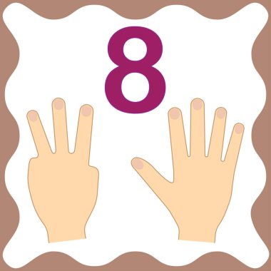 Sayı 8 (sekiz), el, matematik parmakları ile saymak öğrenme eğitim kartı. Vektör çizim.