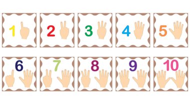 Sayılar, el parmakları ile matematik öğrenme. 10, 1 numaraları ile birden parlamak oyun kağıdı ayarlayın. Çocuklar için oyun. Vektör çizim.
