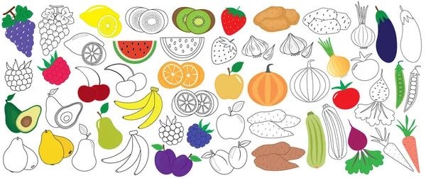 Verduras Frutas Bayas Coloridas Negro Con Colores Blancos Iconos Gran — Vector de stock