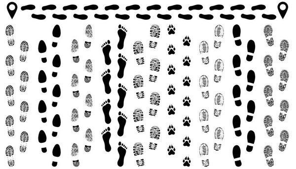 Footprint of shoes on the road, isolated set silhouette vector. Traces sole, imprint. Footstep, footwear