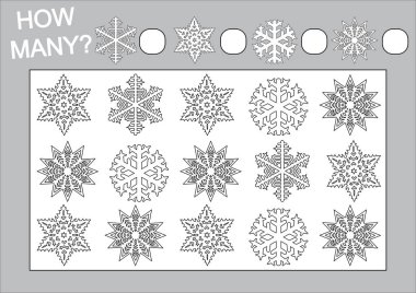 Ne kadar kar taneleri saymak ve onları renk. Çocuklar için eğitici bir oyun. Vektör çizim.