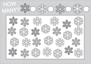 Çocuklar için eğitim. Ne kadar kar tanesi ve boyama sayfa sayısı. Vektör çizim.