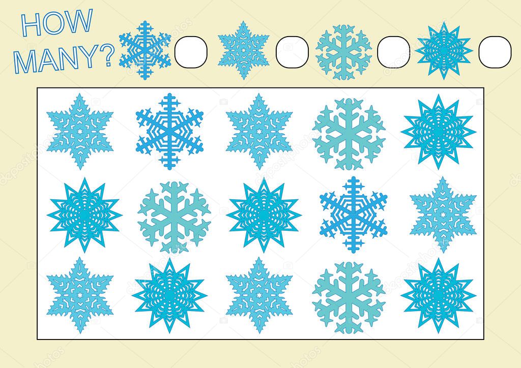Count how many snowflakes. Educational game for kids. Vector illustration.