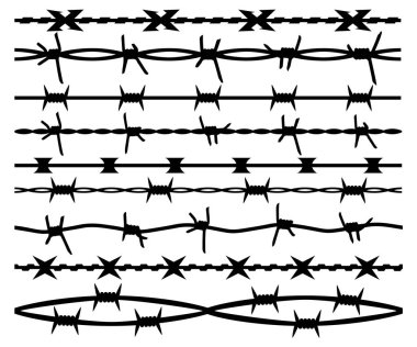 Dikenli tel, set sorunsuz fırça, siluet izole. Barbwire vektör arka plan