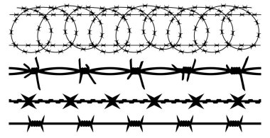 Barbwire izole siluet vektör arka plan ayarlayın. Dikenli tel, kesintisiz