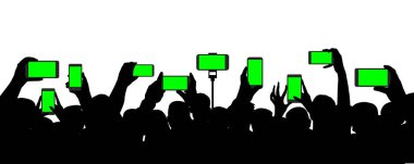 Kalabalığın bir konserde, kayıtları bir smartphone üzerinde video olay. Neşeli seyirci. Bir cep telefonu holding eller. Beyaz zemin üzerine siluet vektör