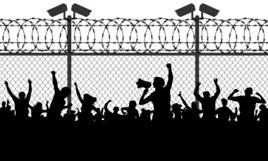 Kalabalık insan sınırı açmak talep parmaklıklar arkasında. Göçmenler ve mülteciler kapalı ve kapa bariyer duruyoruz, çit dikenli telden yapılmış. Vektör illüstrasyon siluet