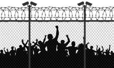 İnsanlar öfkeli kalabalık bar bulunmaktadır. Çit tel dikenli tel kafes, siluet vektör. Sokak kamera ayağı