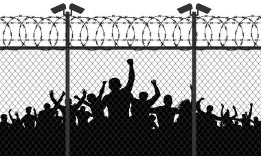 Enraged crowd of people are behind bars. Fence wire mesh barbed wire, vector silhouette. Street camera on the pillar clipart