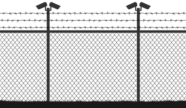 Fence wire mesh barbed wire, vector silhouette. Street camera on the pillar. No passage, no thoroughfare