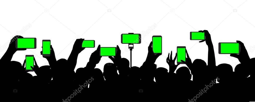 Crowd of people at a concert, records video on a smartphone, event. Cheerful audience. Hands holding a mobile phone. Silhouette vector on white background