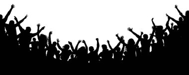 Neşeli insanlar kalabalık alkış, siluet vektör. Şerefe parti, alkış. Hayranları dans konser, disko. Seyirci Alkışlar eller yukarıda
