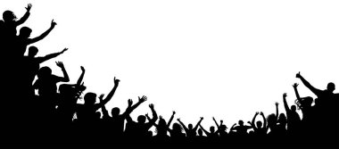 Şerefe parti, alkış. Seyirci alkış elinizi kaldırın. Neşeli insanlar kalabalık alkış, siluet vektör. Hayranları dans konser, disko
