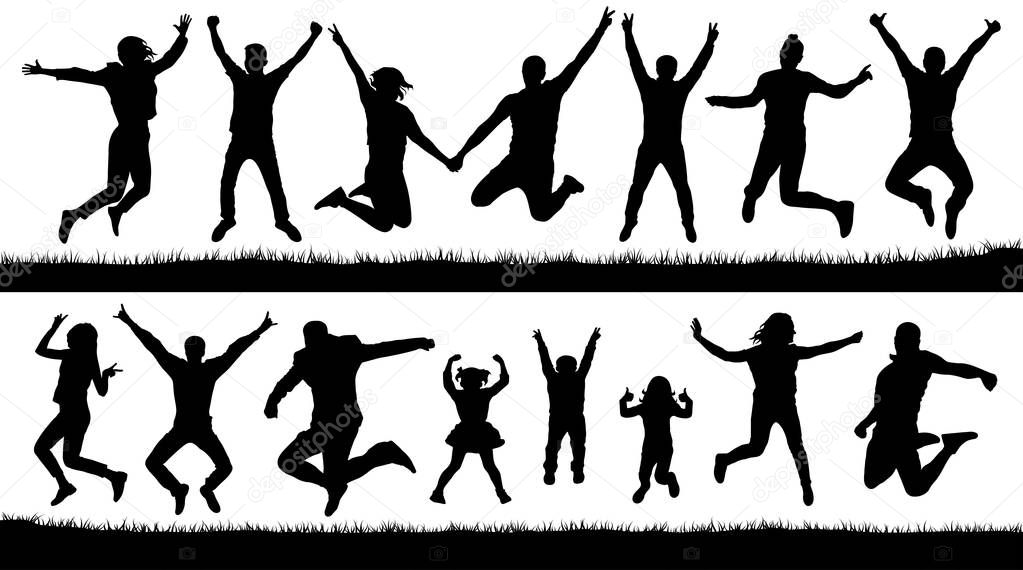 Happy jumping people, silhouettes set. Cheering young children, audience. Bounce trampoline. Isolated Vector Illustration