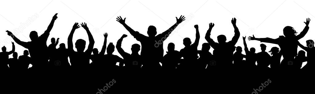 Cheerful people having fun celebrating. Crowd of fun people on party, holiday. Applause people hands up. Silhouette Vector Illustration