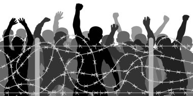 Kalabalık insanların arkasında dikenli tel, vektör siluet. Göçmen ve mülteci bariyer çitin arkasında protesto gösteri stand. Geçiş yok