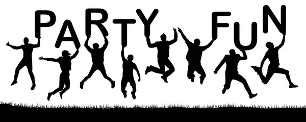 Счастливые Люди Прыгают Держат Буквы Руках Слово Веселье Вечеринки Векторный — стоковый вектор