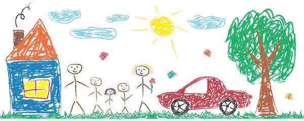 Niños Dibujando Familia Alegre Casa Árbol Coche Sol Ilustración Vectorial — Vector de stock