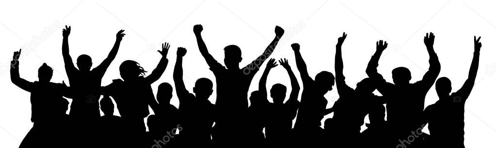 Crowd of fun people on party, holiday. Cheerful people having fun celebrating. Applause people hands up. Holiday victory. Silhouette Vector Illustration