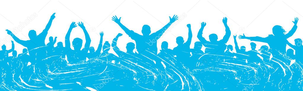 Cheerful people having fun celebrating. Crowd of fun people audience on party, holiday. Applause people hands up. Vector Illustration Silhouette